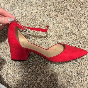 Red suede block heels
